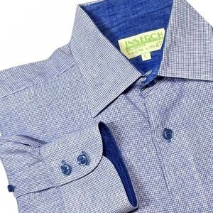 INSERCH Mens L Blue White Gingham Check 100% Linen Button Down Shirt Uomo Luxury